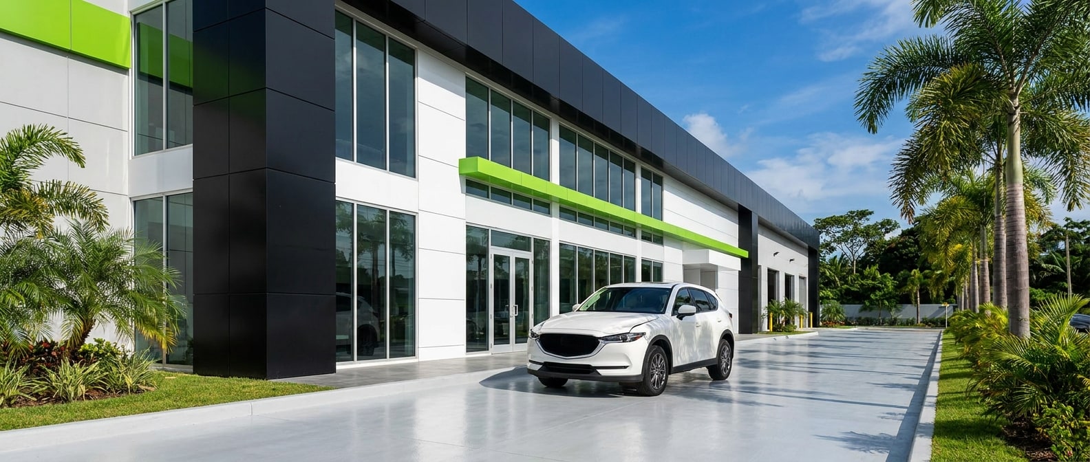 Fachada moderna del taller AUTO SERVICIOS LAMS en Los Algarrobos, Chiriquí, con un vehículo recién entregado