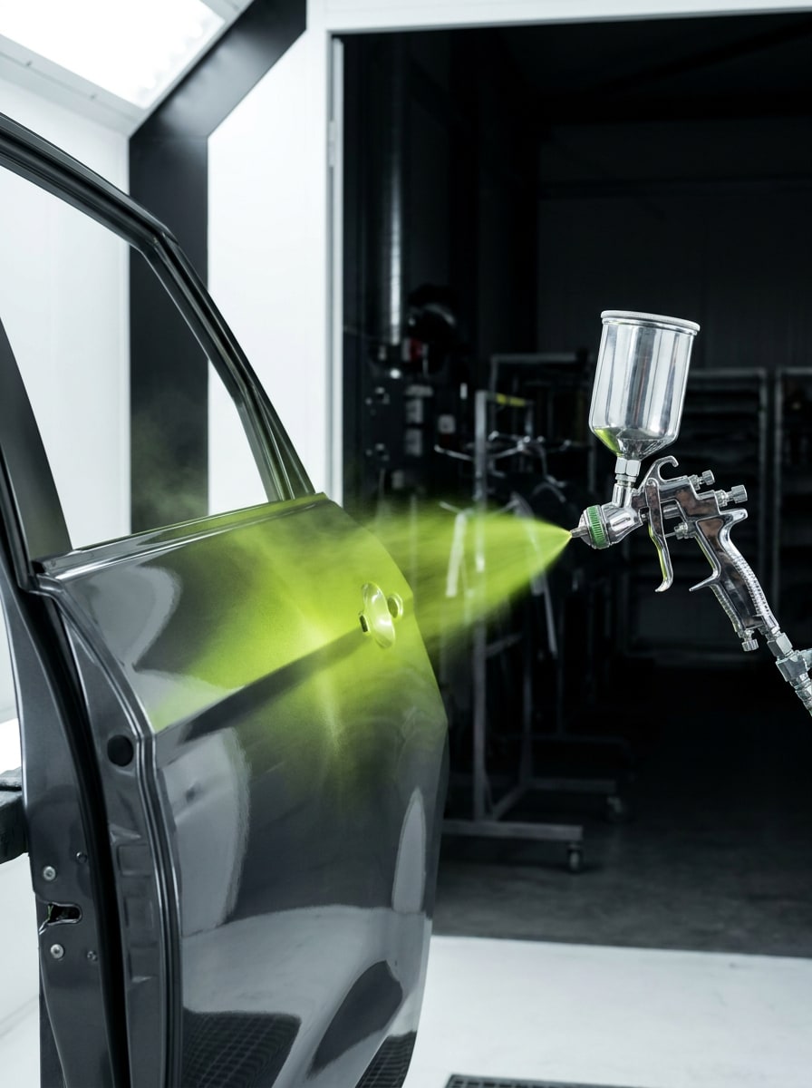 Aplicación de pintura automotriz con pistola en la cabina de AUTO SERVICIOS LAMS